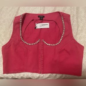 Hot Pink Diamante Trim Twill Crop Top